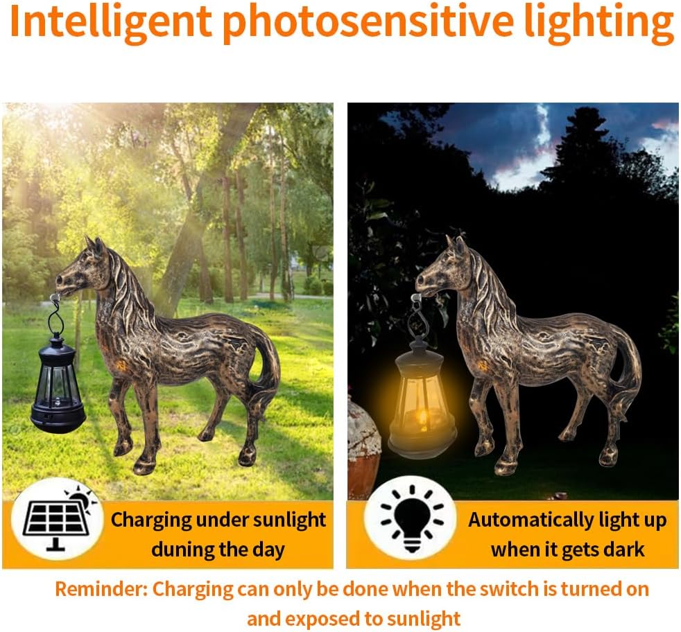 Linterna solar caballo bronce resina luz LED jardín