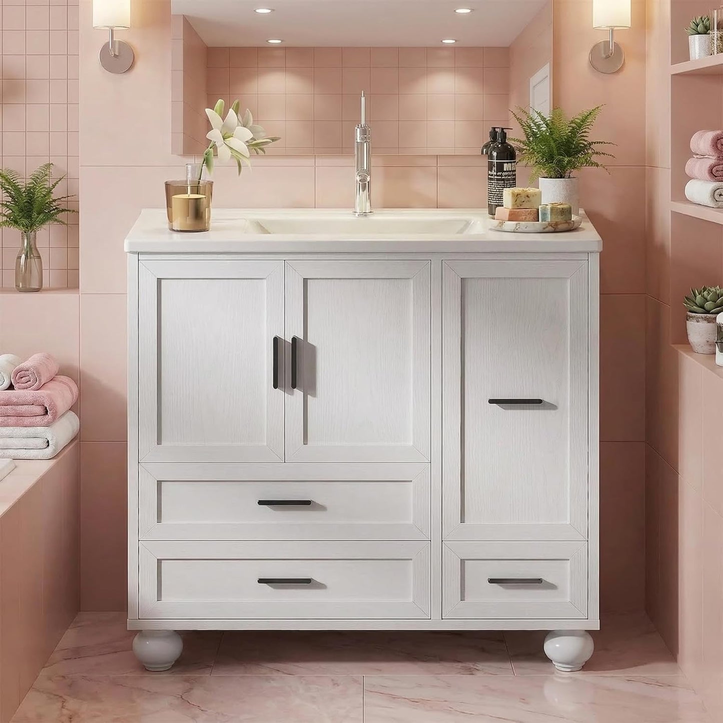 Tocador baño 36pulg con fregadero 4 cajones 2 puertas madera