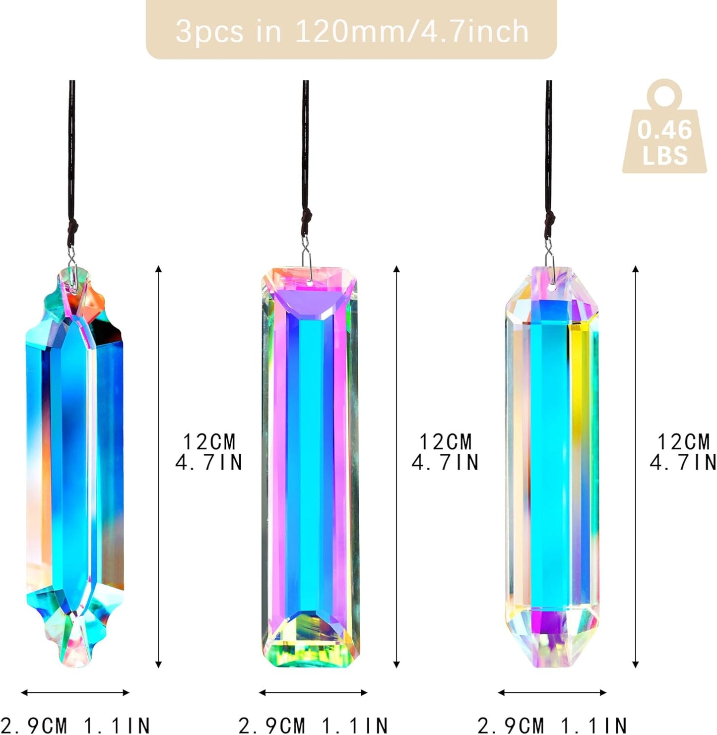 3 Pzas Atrapasueños Cristal Prisma 120mm Barra Arco Iris