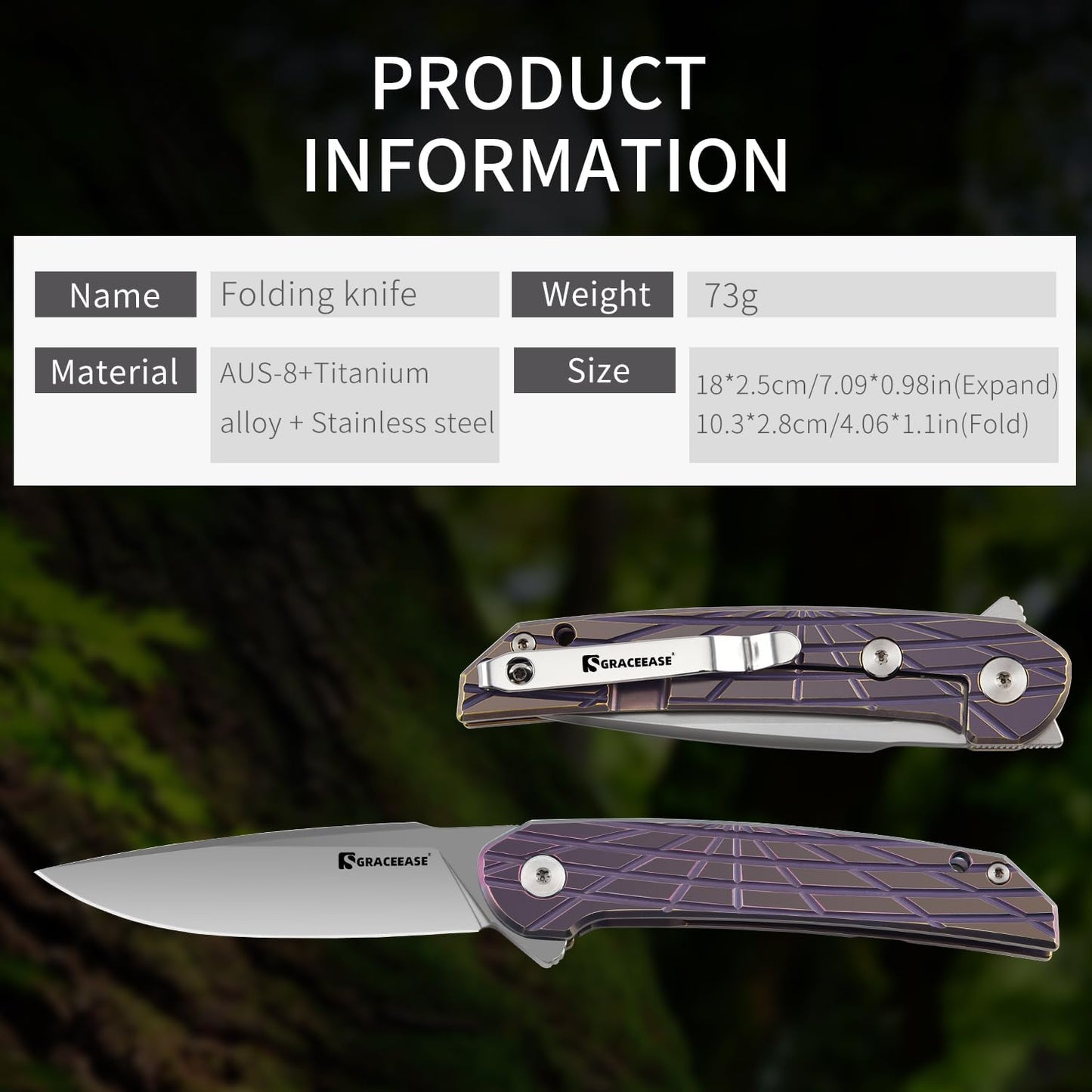 Cuchillo plegable titanio mango morado acero AUS-8 EDC