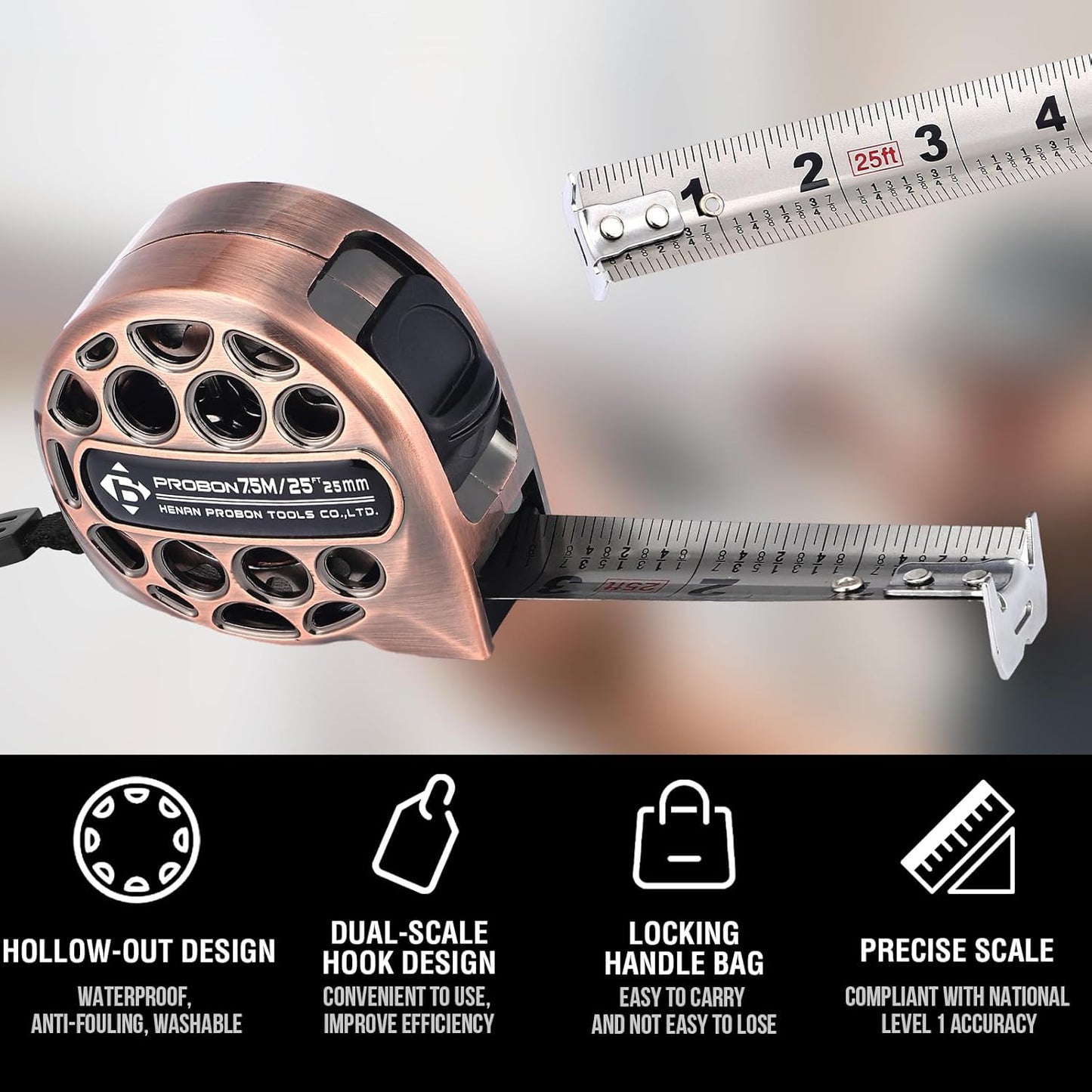 Kit cinta métrica acero inox y lápiz carpintero bronce 16pies