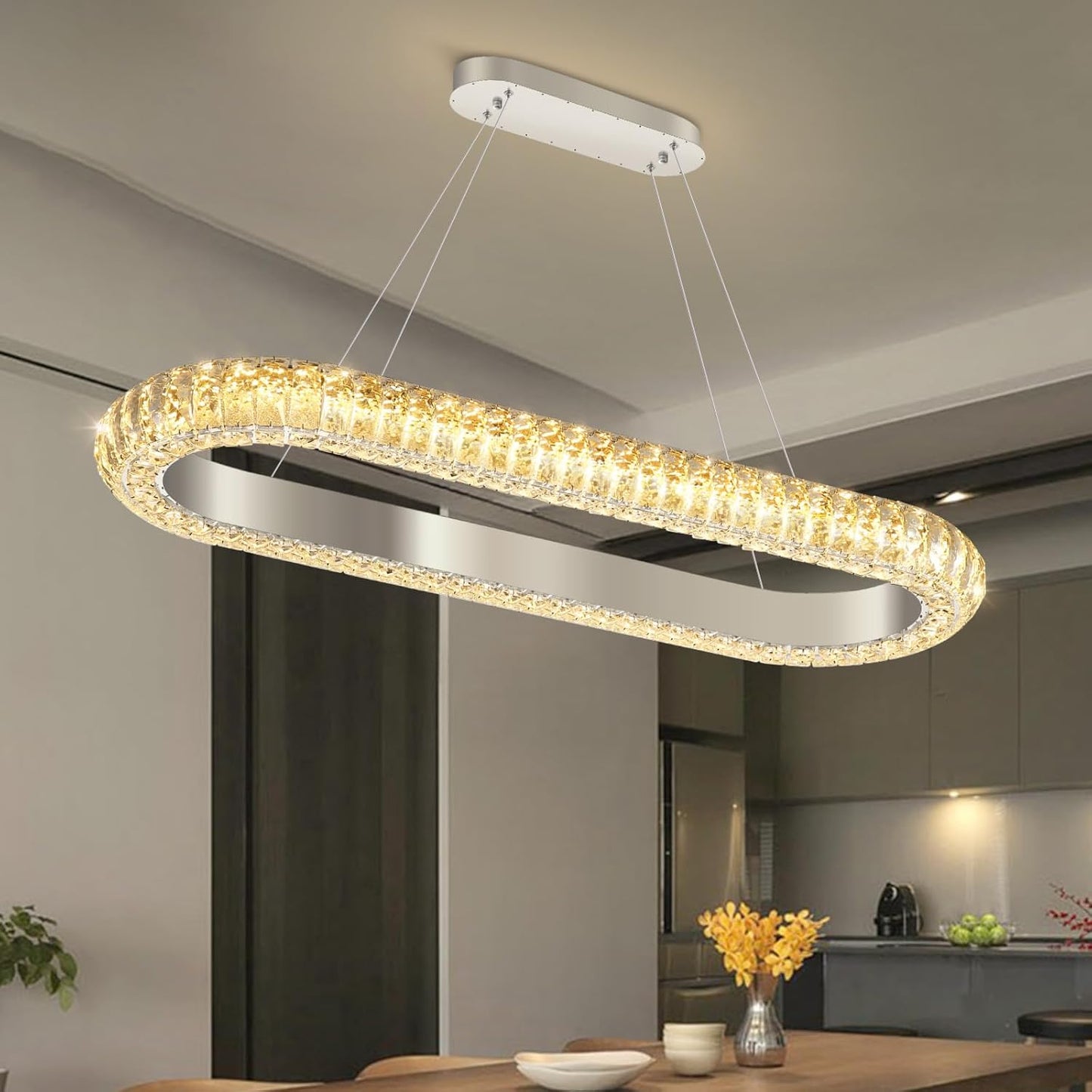 Lámpara cristal anillo ovalado 32pulg LED regulable sala comedor