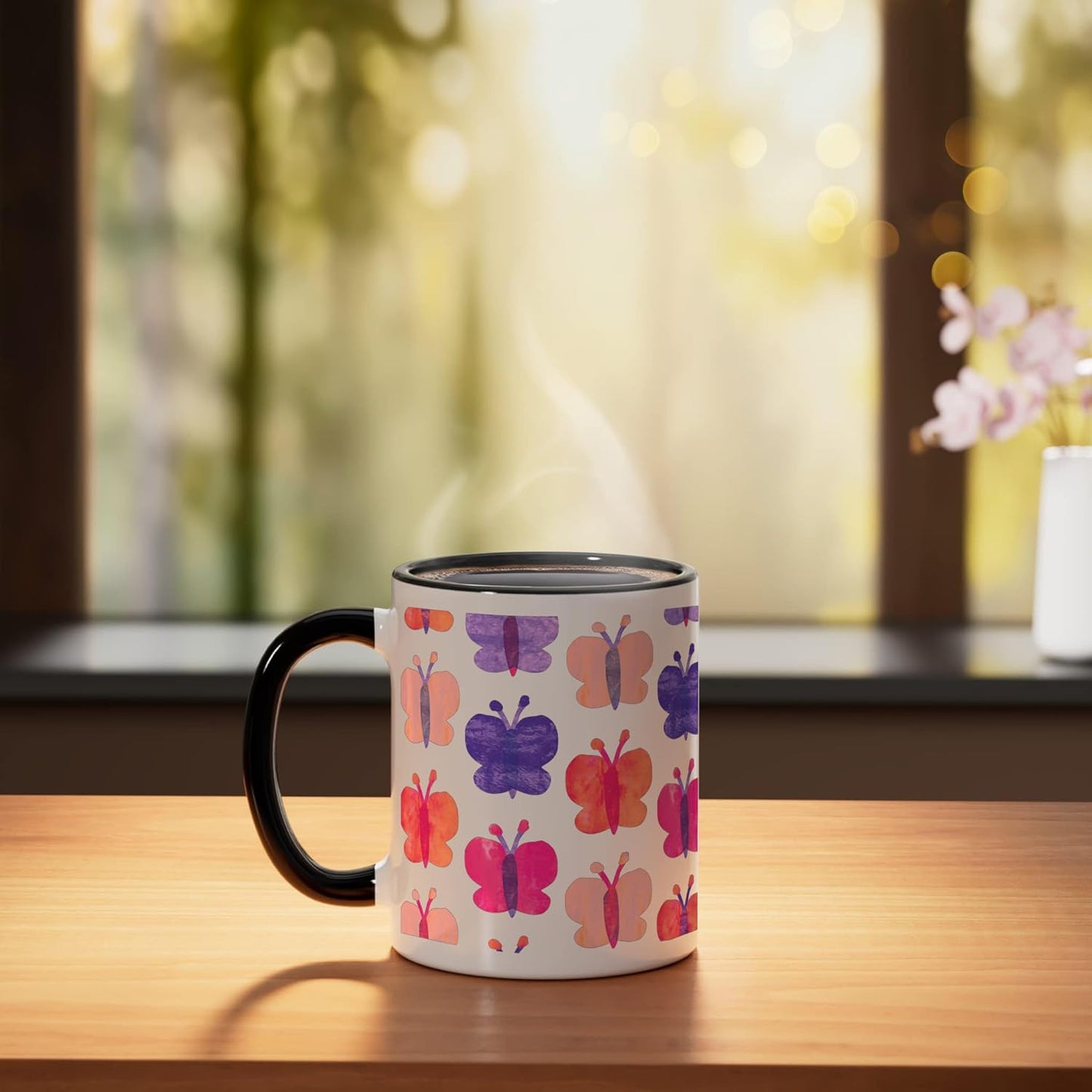 Taza Cerámica Mariposas Edición Rosa Negro/Blanco