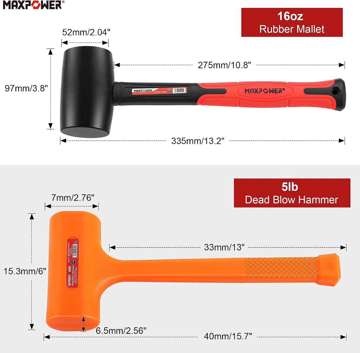 Set 2 Mallets de Goma 5lb y 16oz para Auto y Carpintería