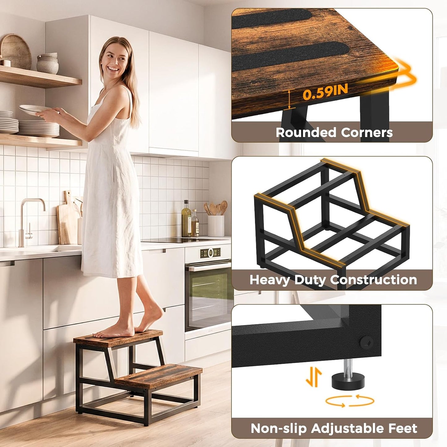 Taburete madera 2 escalones para cocina hogar baño