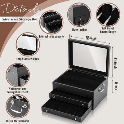 Caja cubiertos cuero organizador fieltro con tapa 15x11pulg