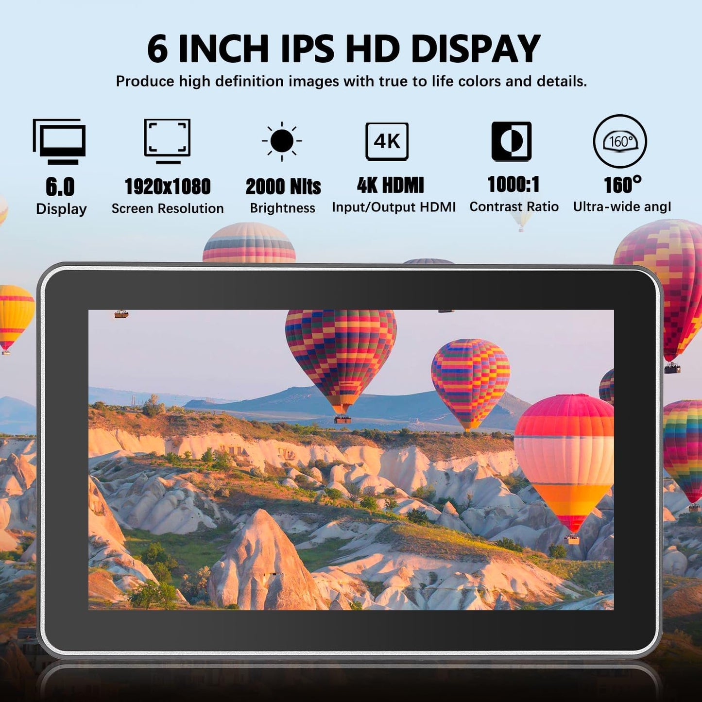 Monitor táctil 6 pulg 4K HDMI 2000nits con batería y capucha