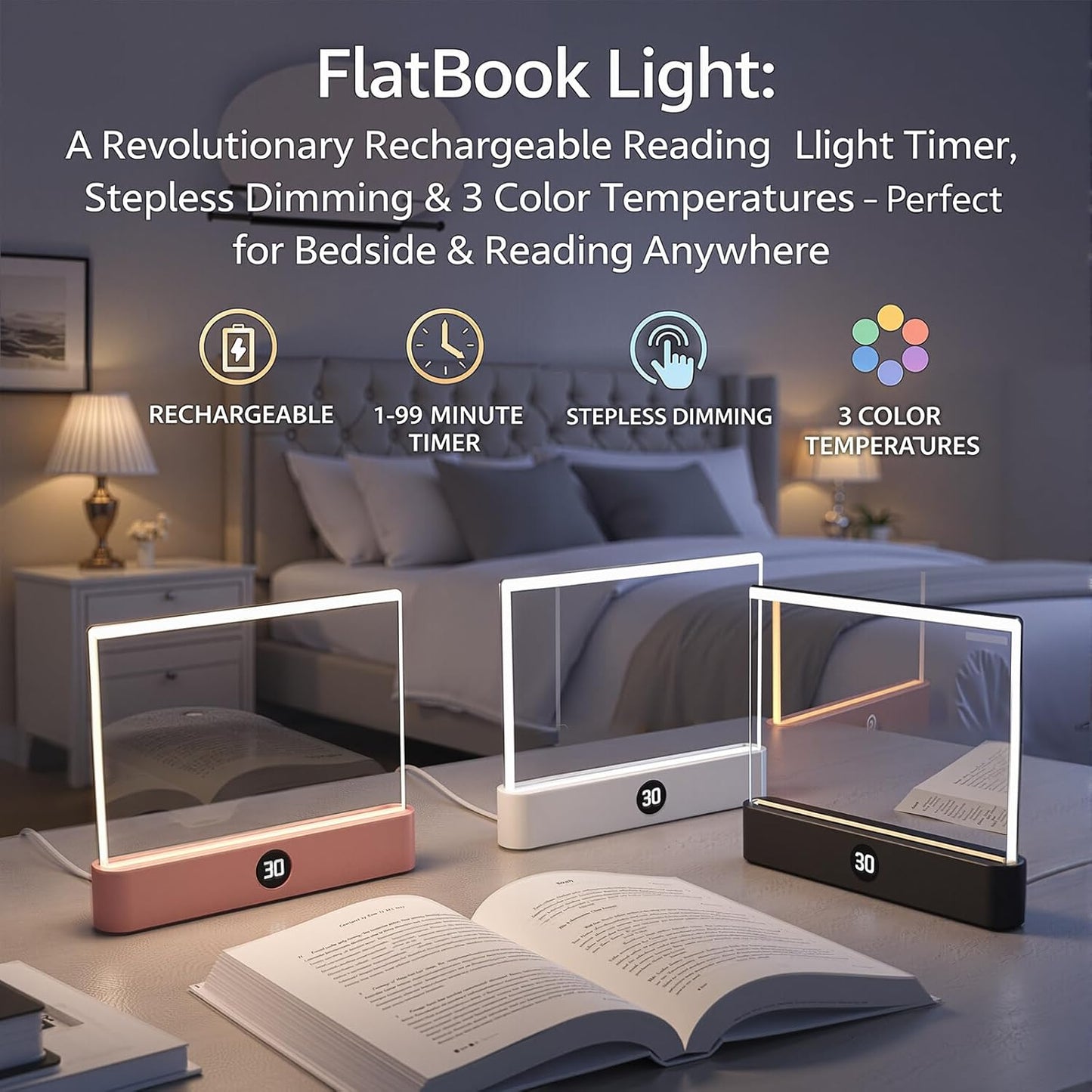 Luz plana para leer en la cama con clip LED recargable