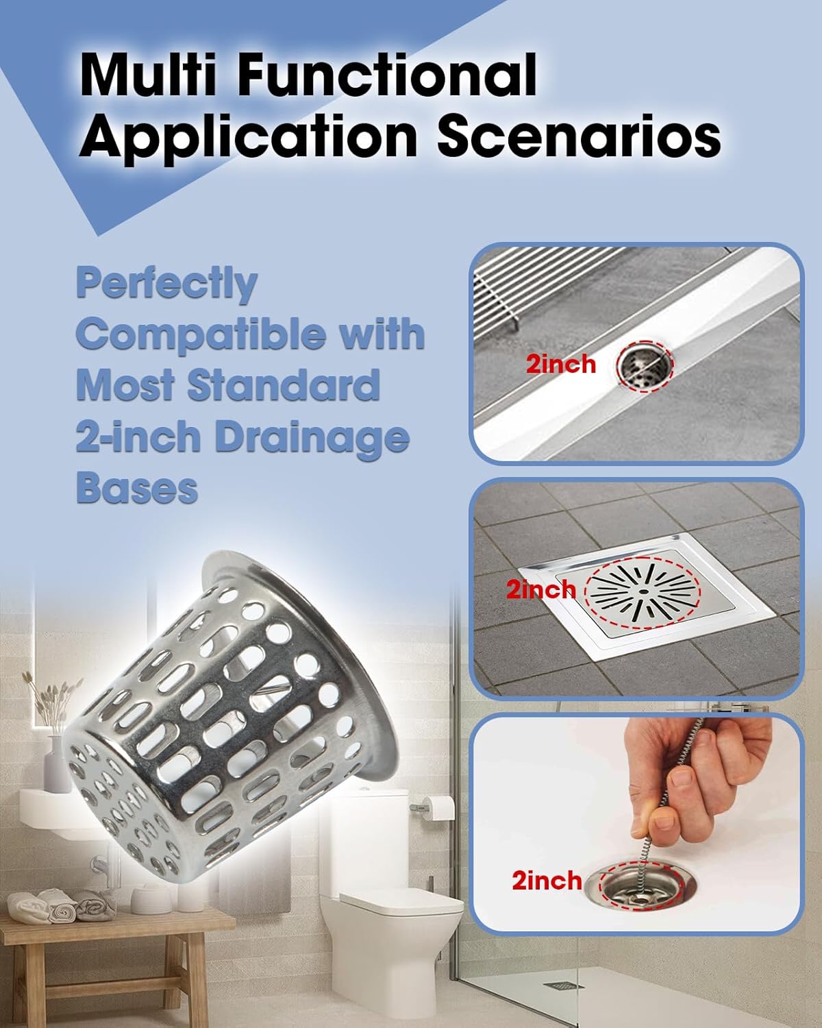 Cesta de acero inox para drenaje de bañera 2pulg con gancho