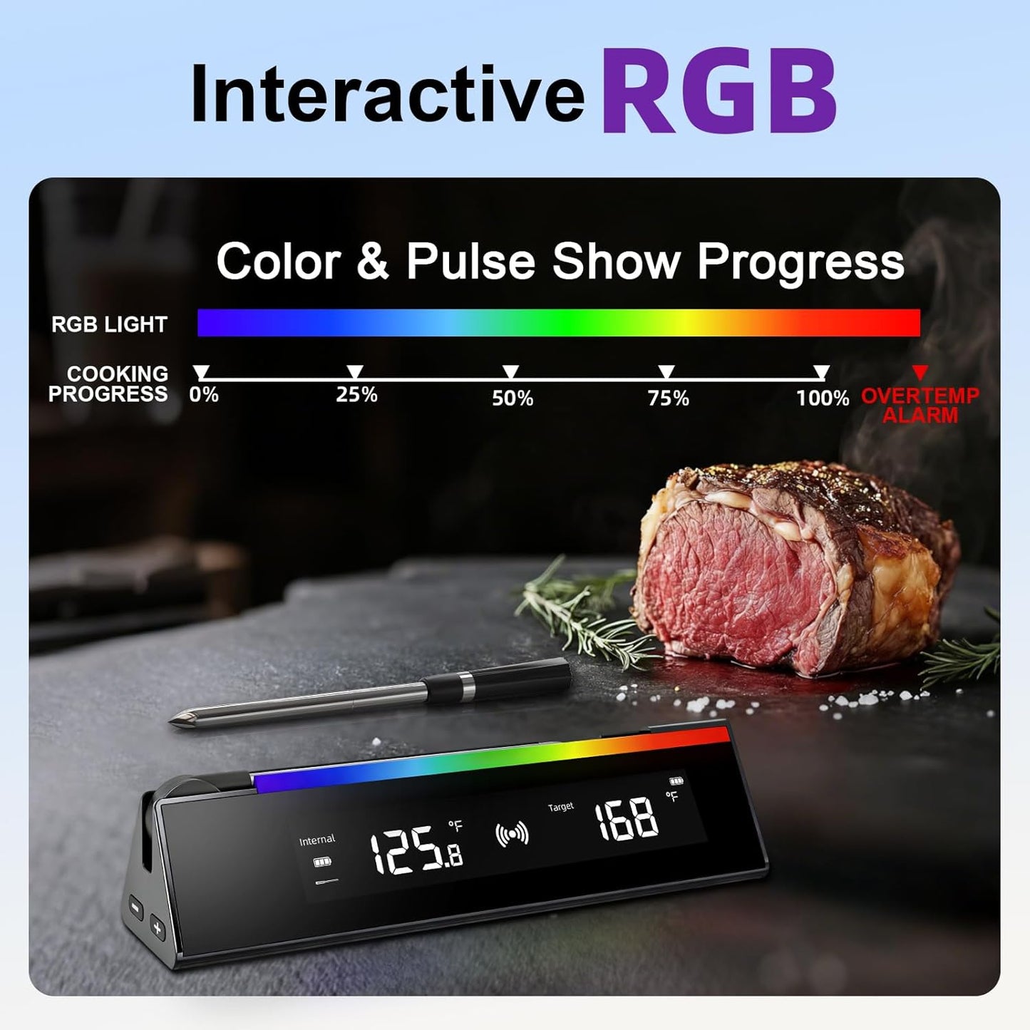 Termómetro de carne con 2 sondas, luz RGB y app