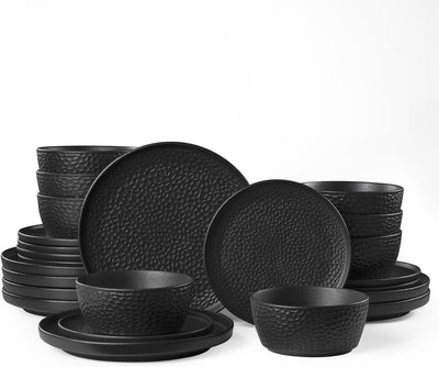 Set 24 Pzas Vajilla Cerámica Textura Martillada Negro Mate o Blanco