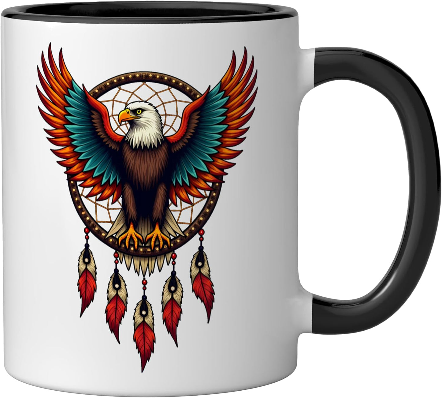 Taza cerámica Eagle Dreamcatcher con plumas nativas en negro/blanco
