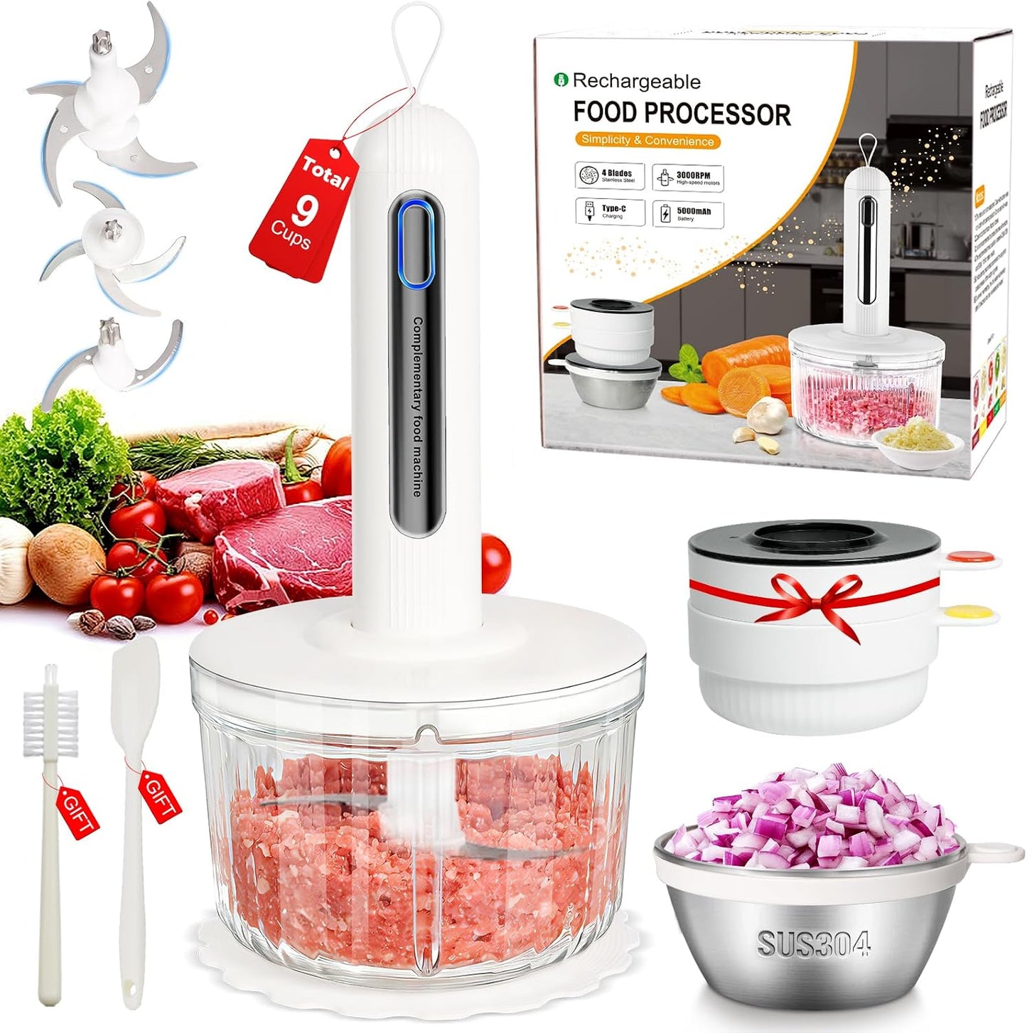 Procesador alimentos 800W 4 cuencos cuchillas SUS304