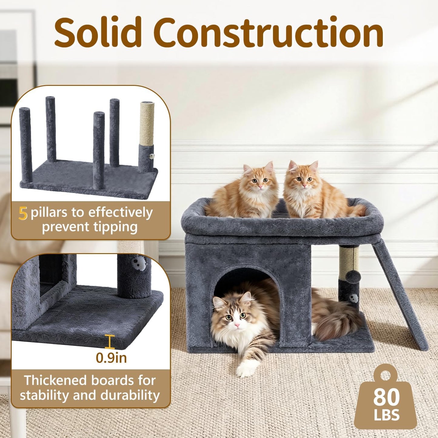 Cama torre para gatos con poste rascador resistente