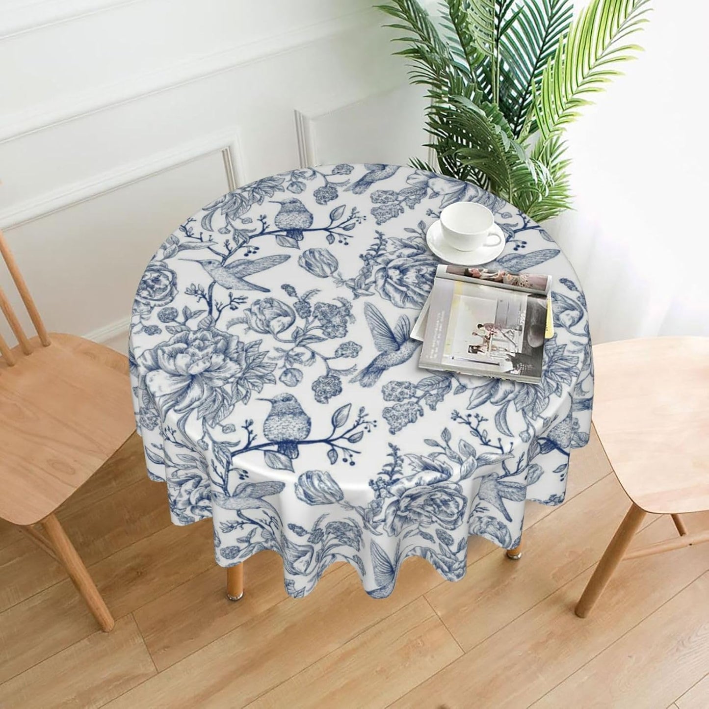 Mantel redondo floral azul vintage 60 pulgadas Chinoiserie tela poliéster