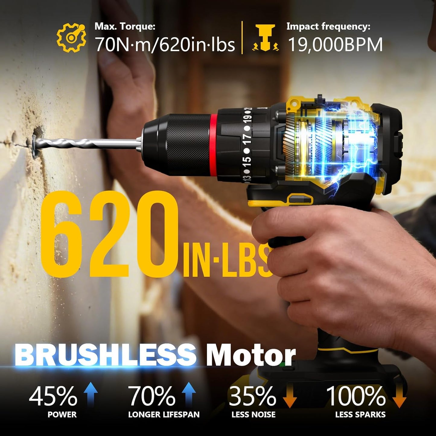 Juego taladro inalámbrico motor sin escobillas 2 baterías luz LED