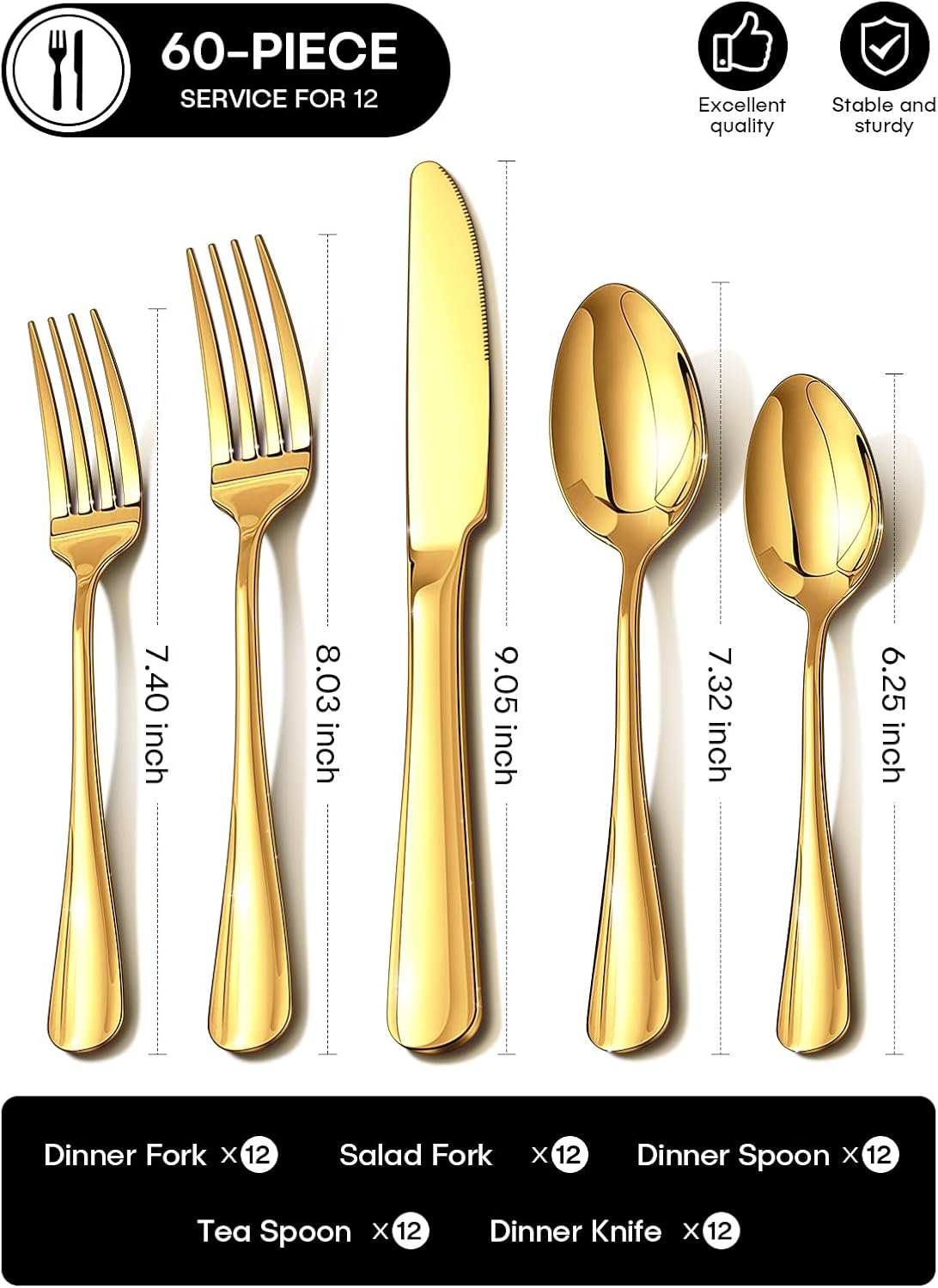 Set 60 Pzas Cubiertos Acero Inox Dorado para Cocina Boda