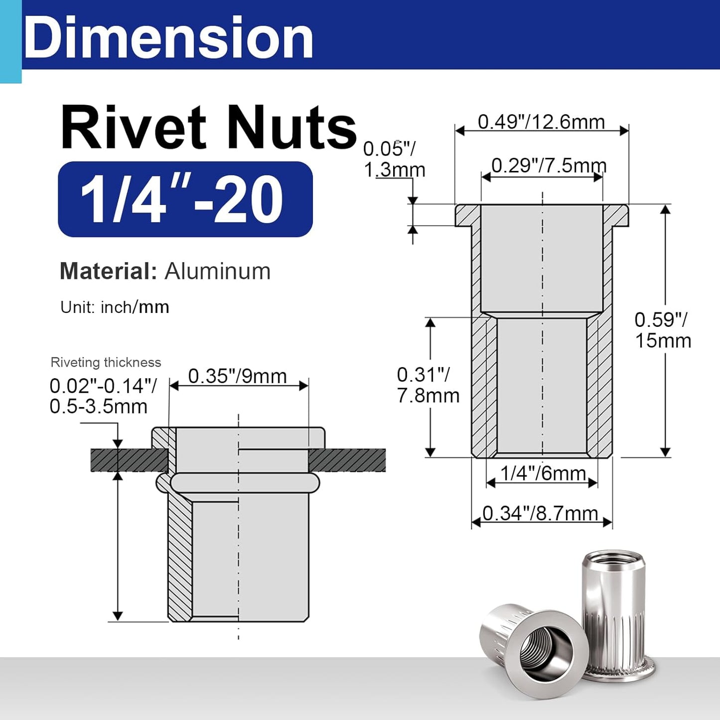 Tuercas de remache aluminio UNC 28 Pzas