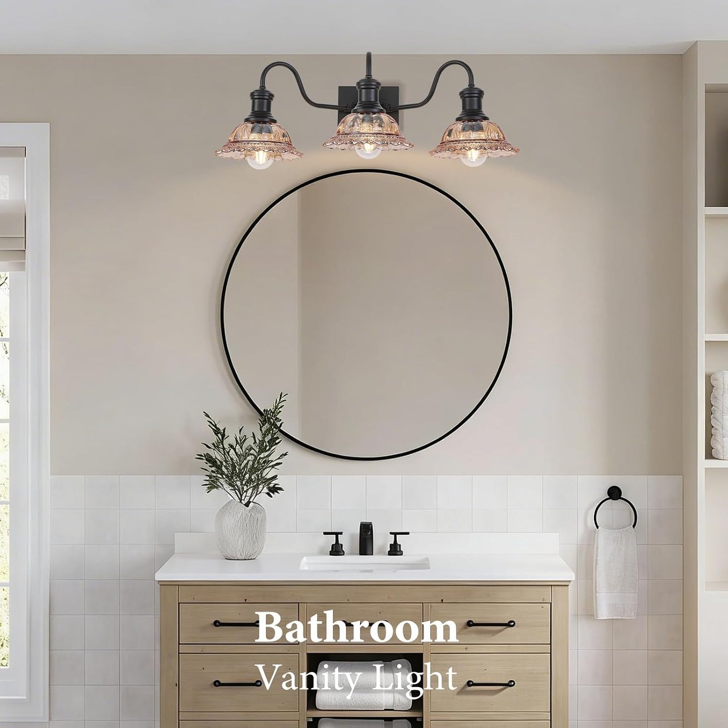 Lámpara baño negra 3 luces pantalla vidrio ámbar aplique granja