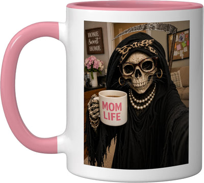 Taza Cerámica Humor Mamá Grim Reaper Rosa/Blanca