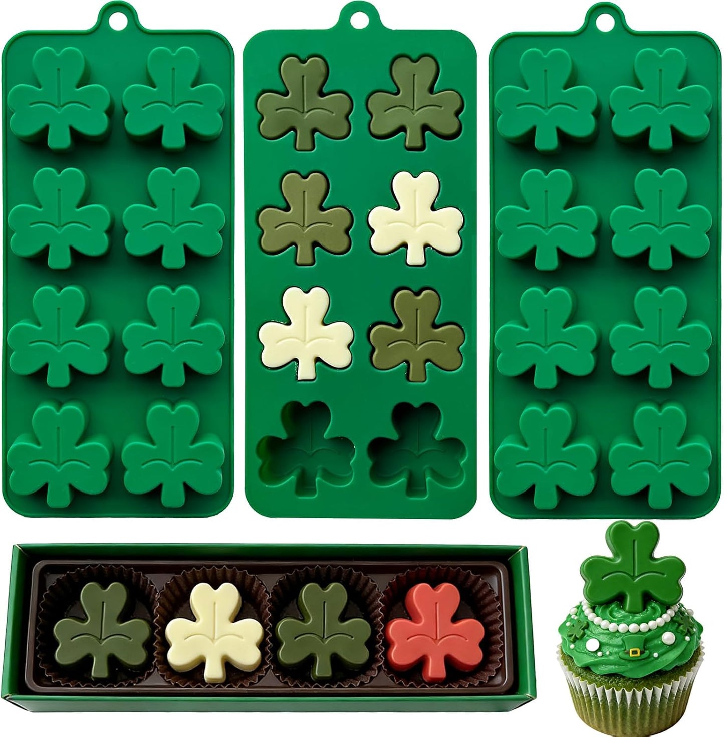 Paquete de 3 moldes de silicona de trébol de San Patricio para cubitos