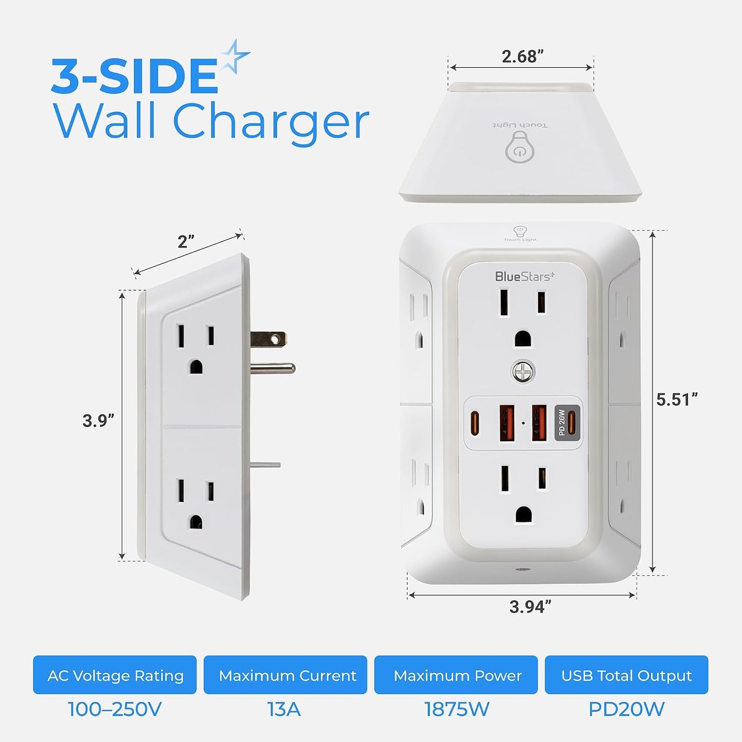 Extensor salida USB 6+4 puertos carga rápida tipo C luz nocturna