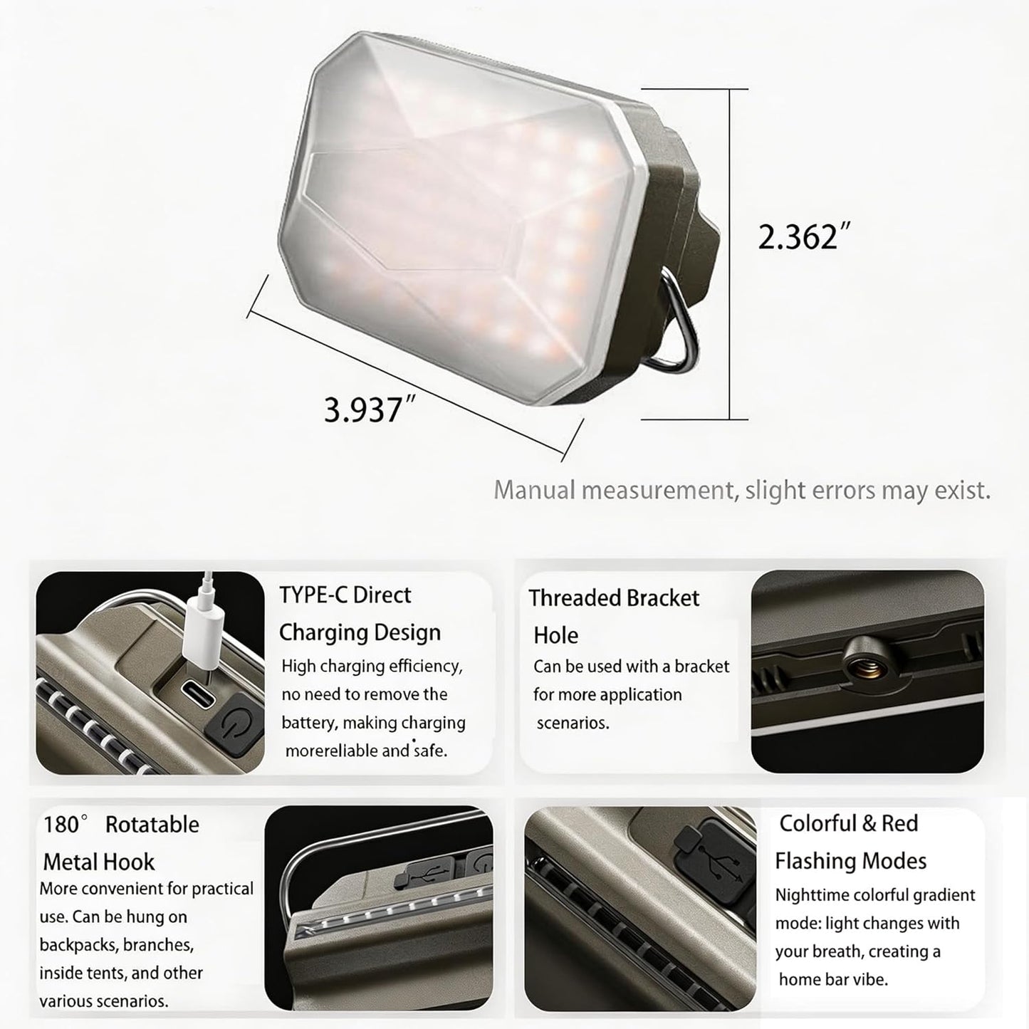 Linterna campamento recargable 2en1 850lúmenes USB-C 5 modos LED
