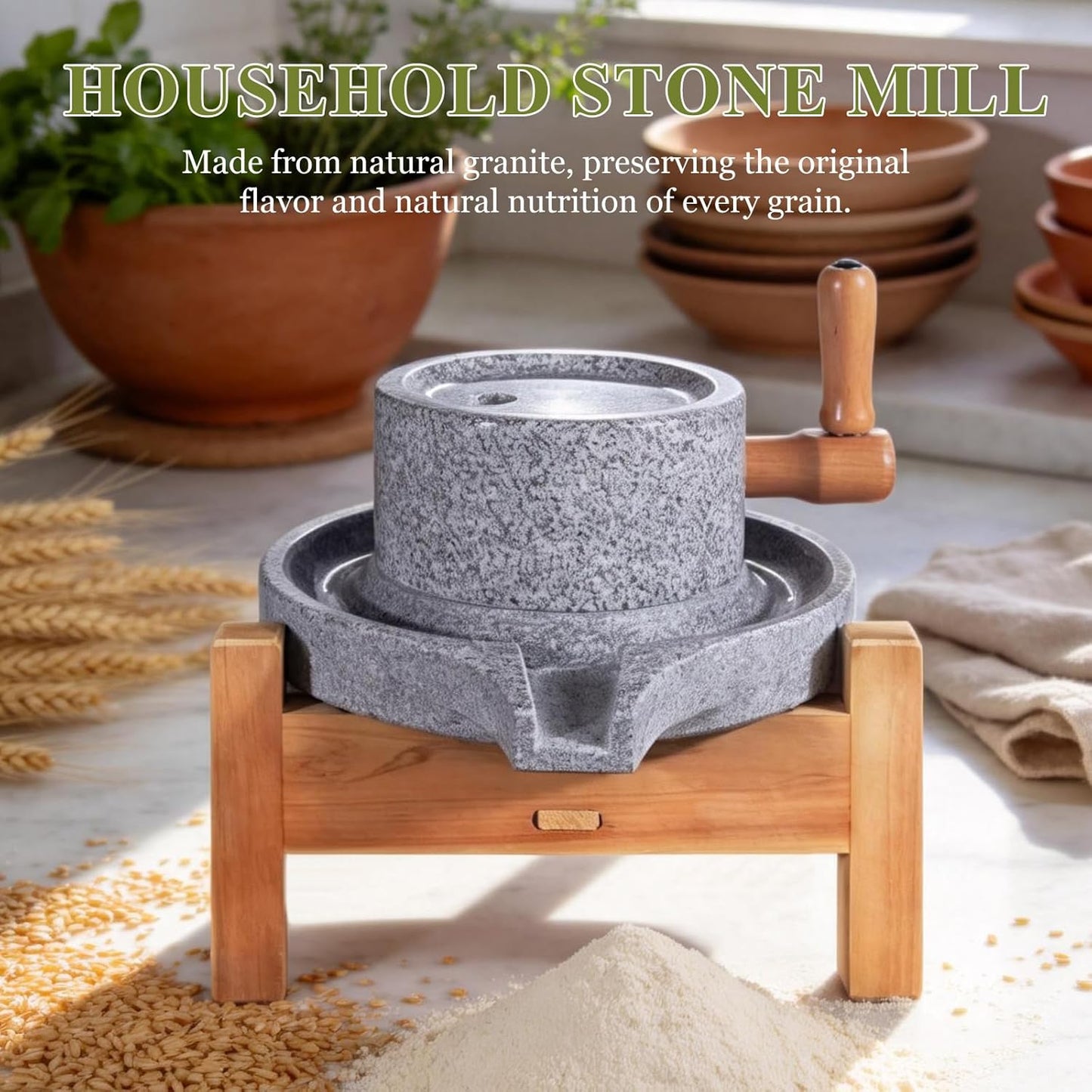 Molinillo piedra manual soporte madera para trigo harina café