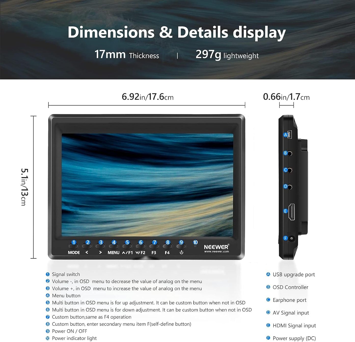 Monitor 7pulg HD 450nit IPS para DSLR con batería F750