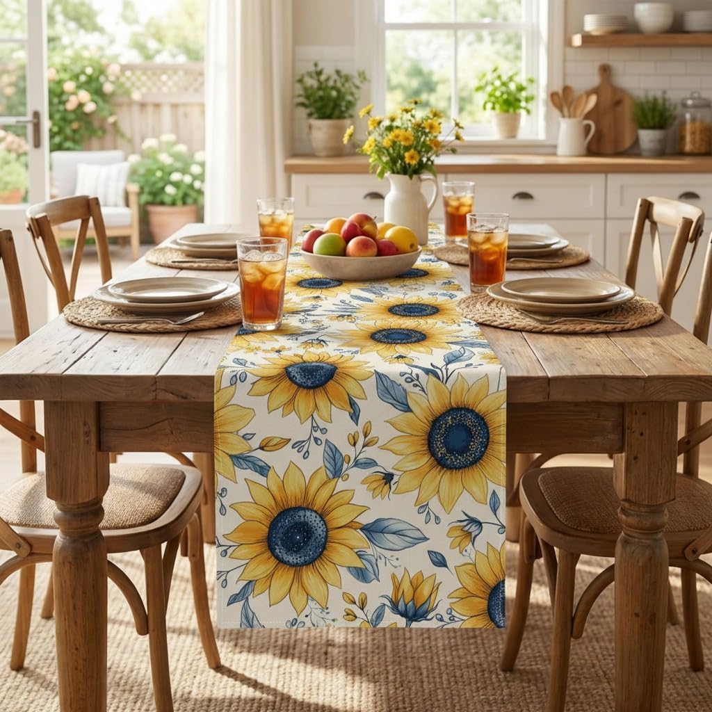 Camino de mesa de verano con girasoles para decoración de vacaciones