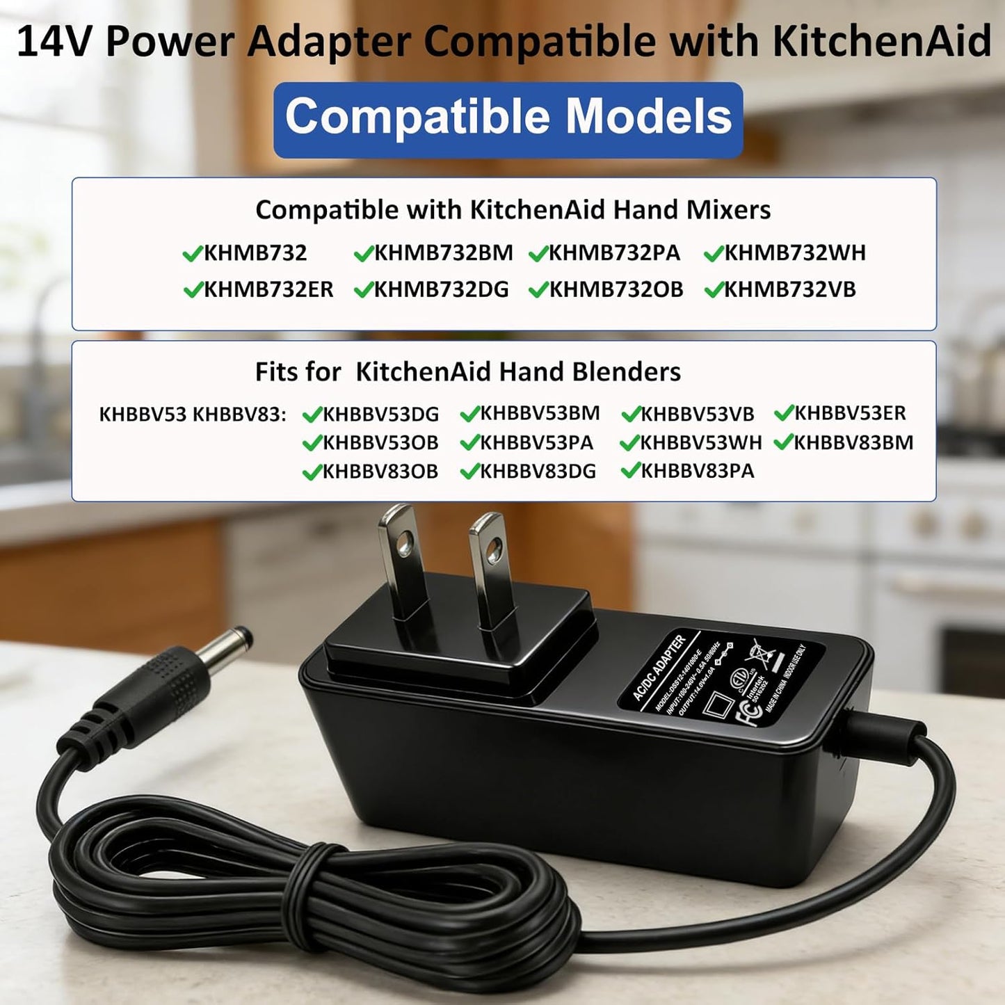 Repuesto cargador KitchenAid KHMB732 KHBBV53 Series cable adaptador CA para mezclador inalámbrico 7 velocidades
