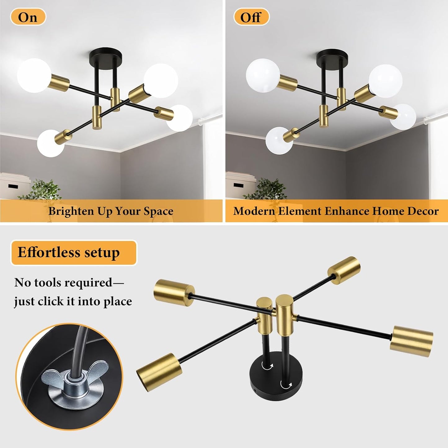 Lámpara techo Sputnik 4 luces negras y doradas cocina comedor