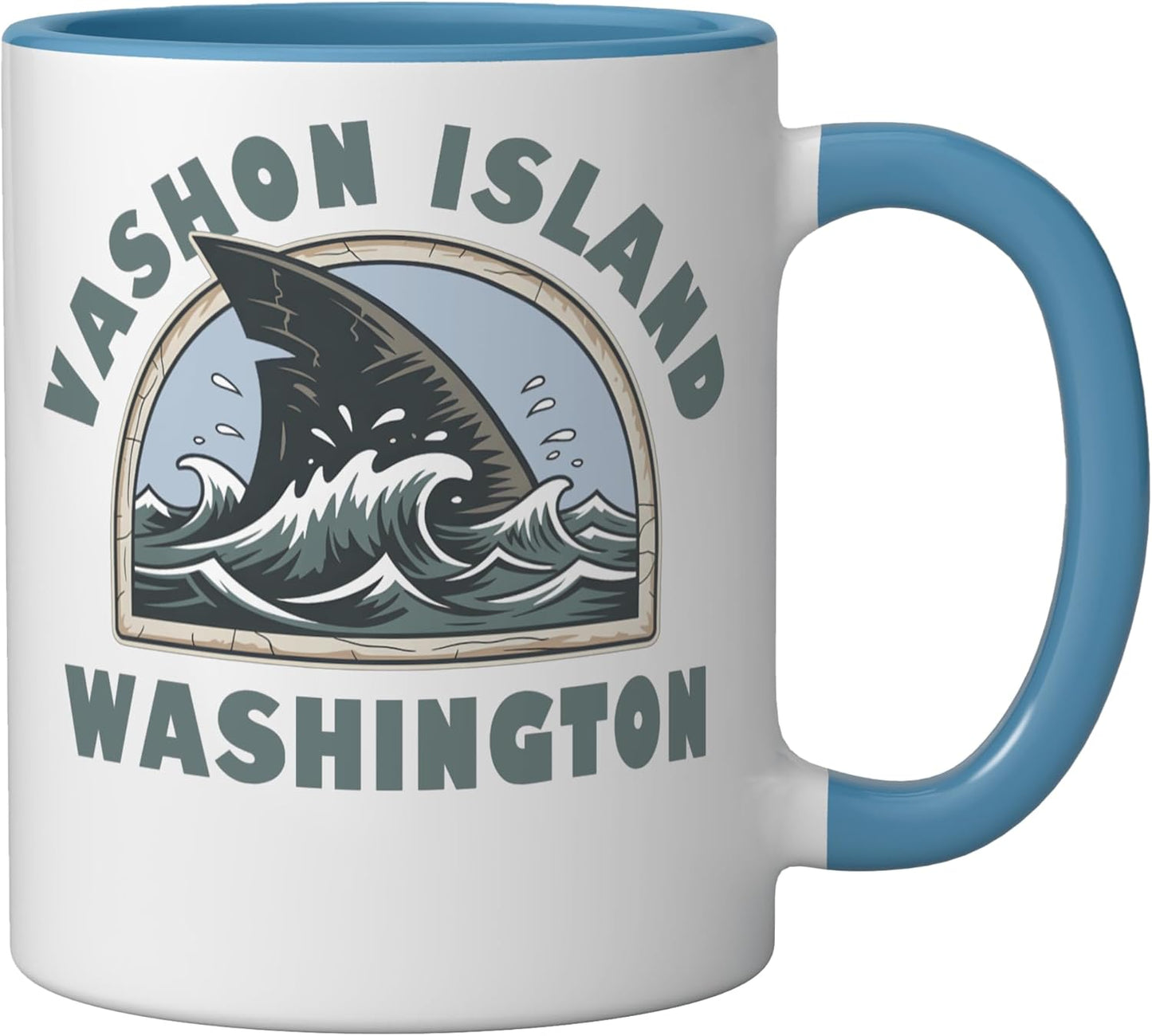 Taza cerámica recuerdo vacaciones Vashon Island Washington con forma de aleta de tiburón azul/blanco