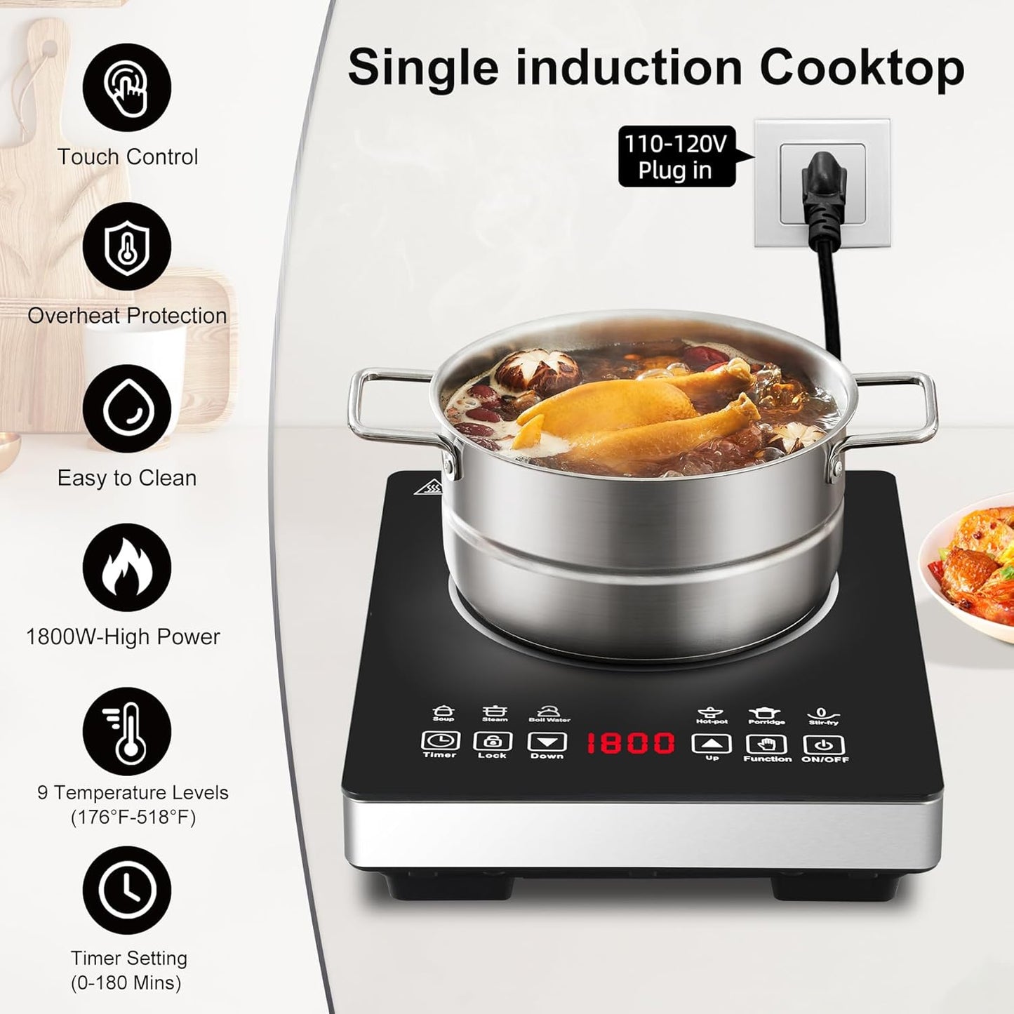 Estufa Inducción Portátil 1800W con Control Táctil LCD