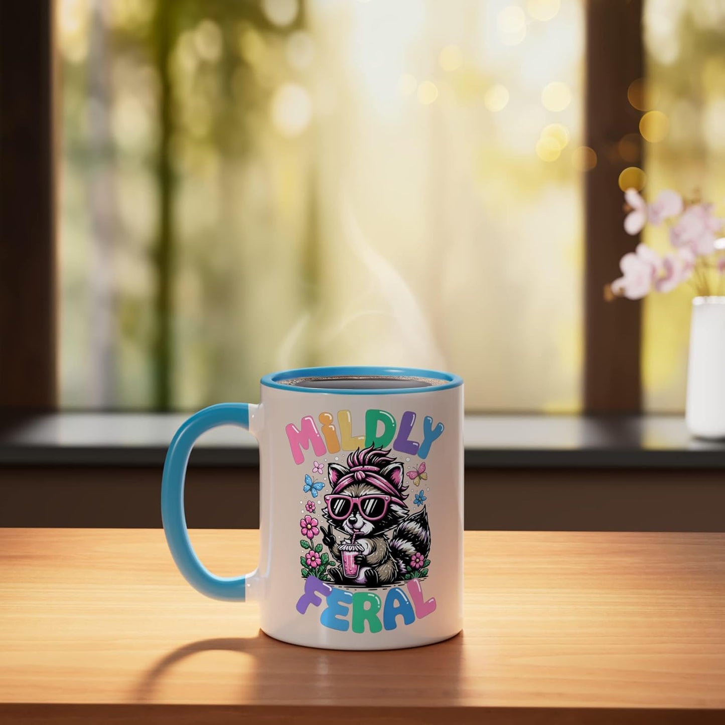 Taza cerámica con meme humorístico de mapache