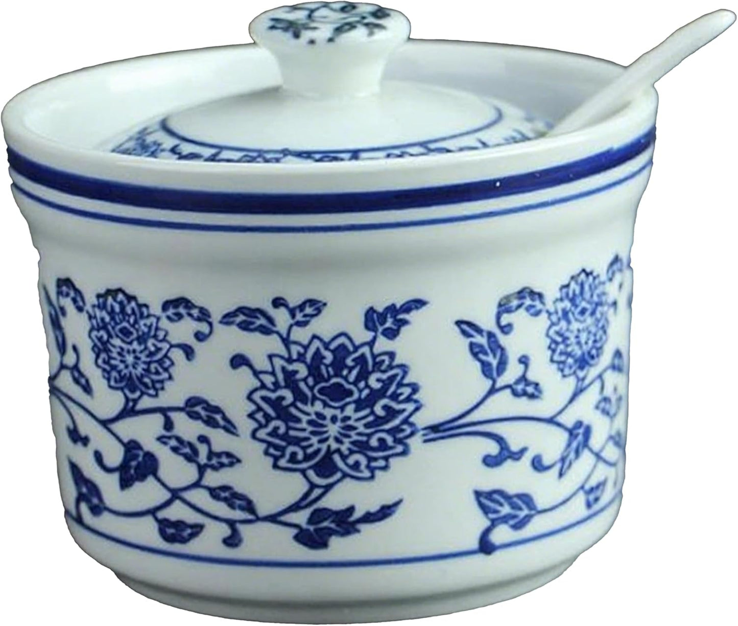Azucarero vintage de cerámica azul y blanco con tapa hermética