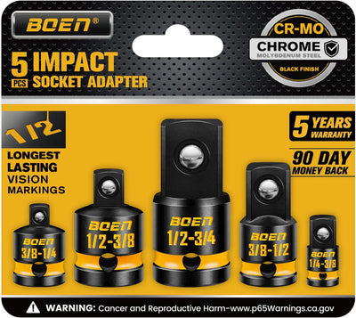 Set 5 Adaptadores Vaso Impacto Reductor 1/4-3/8-1/2 Pulg Acero Cr-Mo