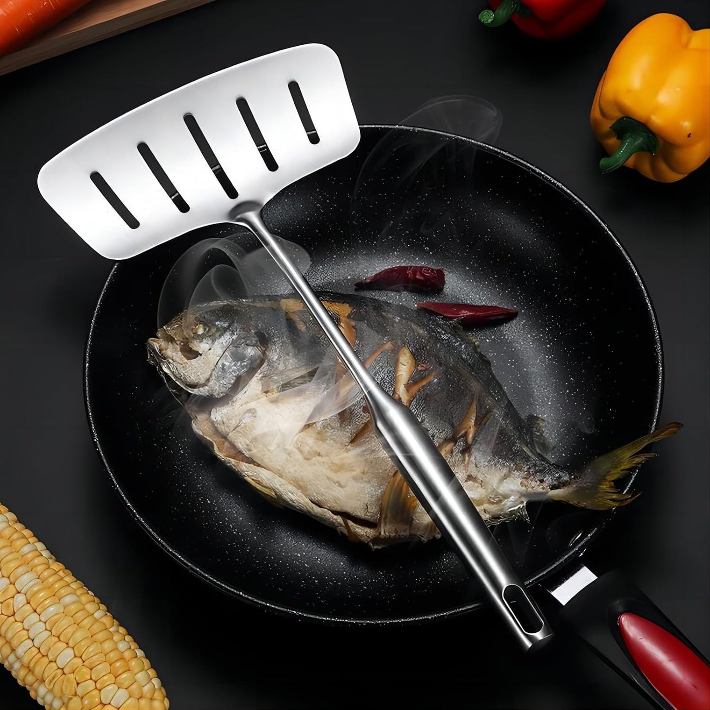 Espátula acero inox ranurada mango largo cocina