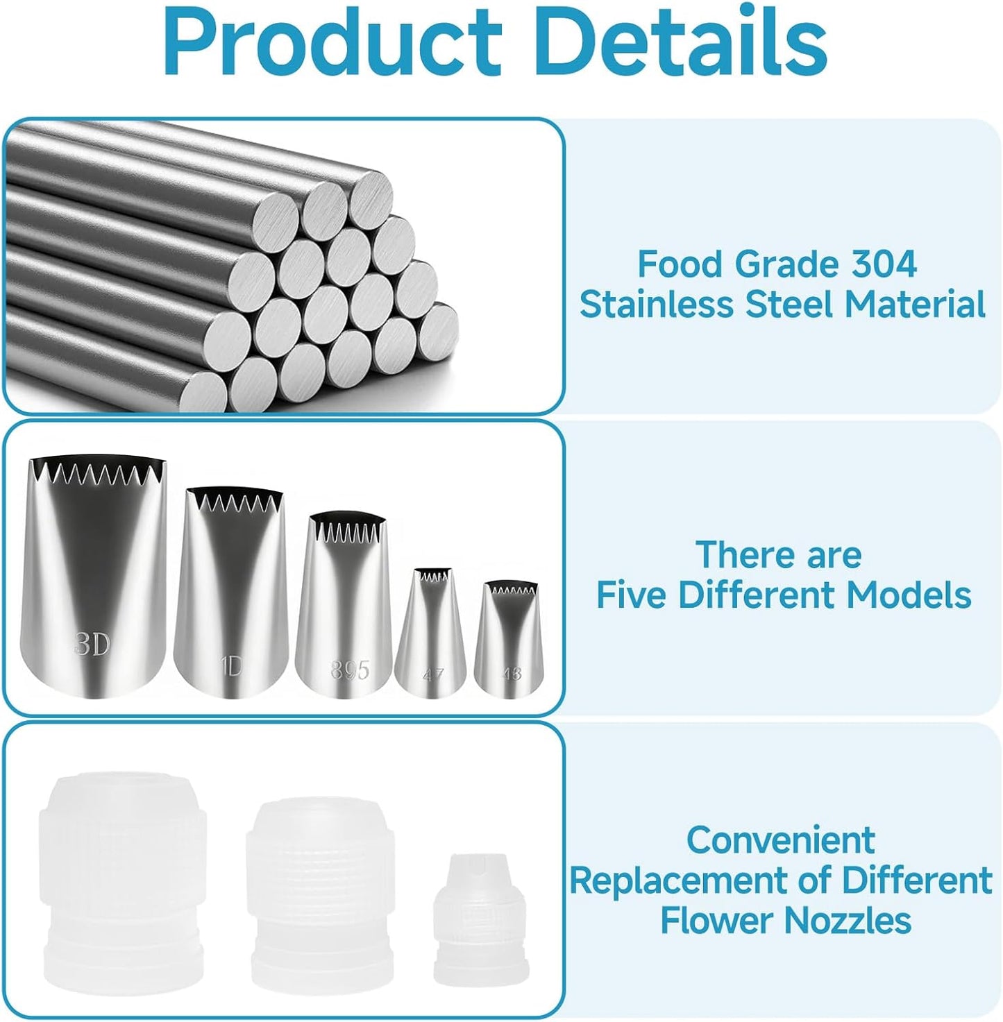 Set 8 puntas tuberías acero inox 304 para decorar pasteles