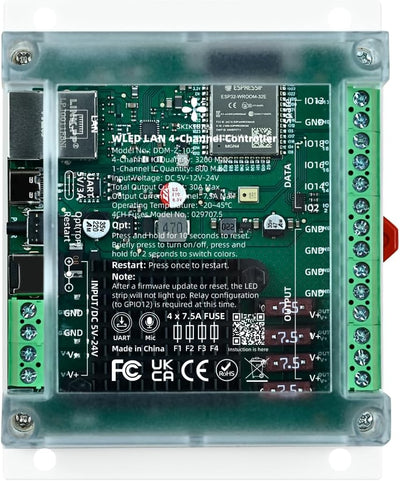 Controlador WLED ESP32 Ethernet WiFi 4 canales 5-24V DIN fusibles