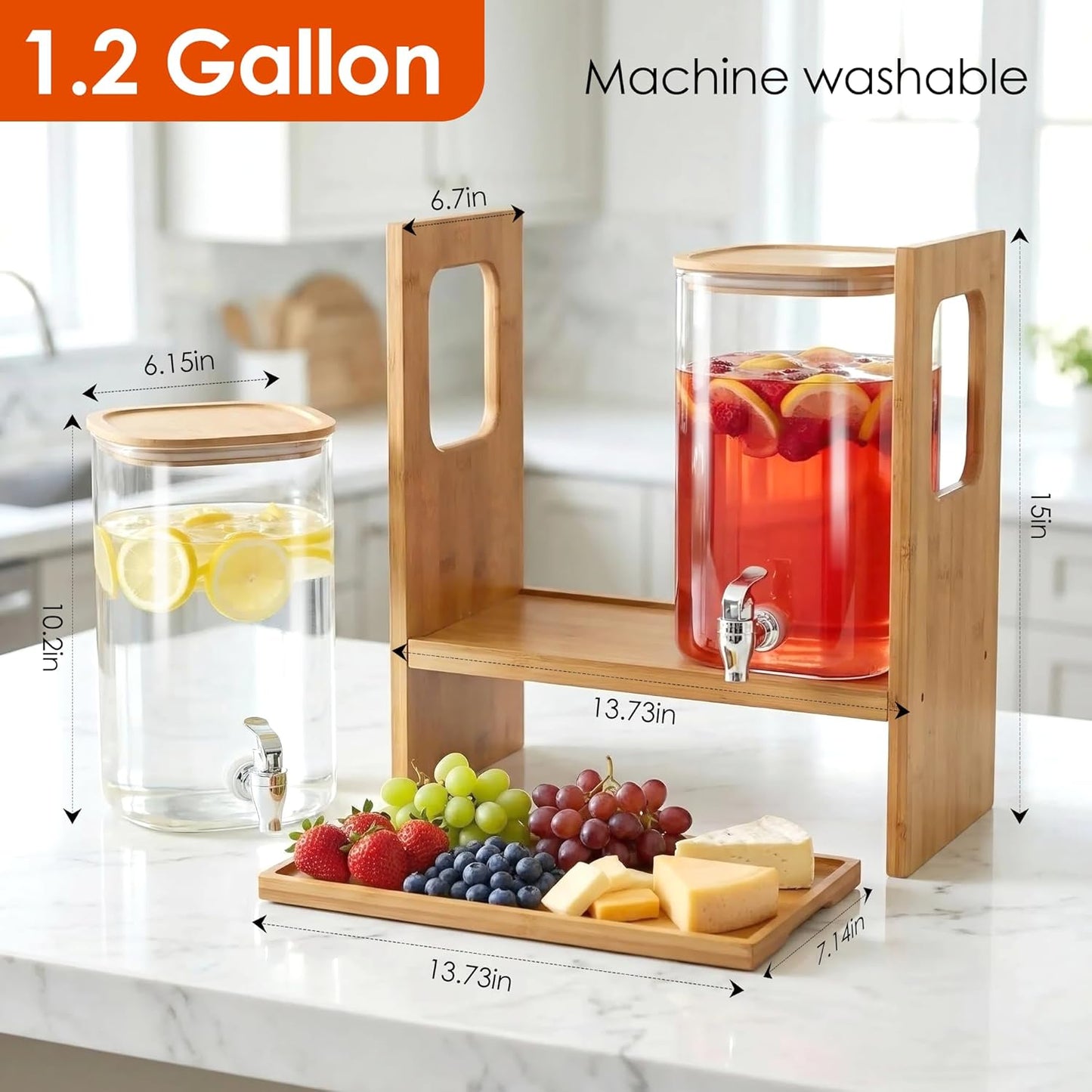 2 Dispensadores Bebida Vidrio Soporte Madera Plato Desmontable
