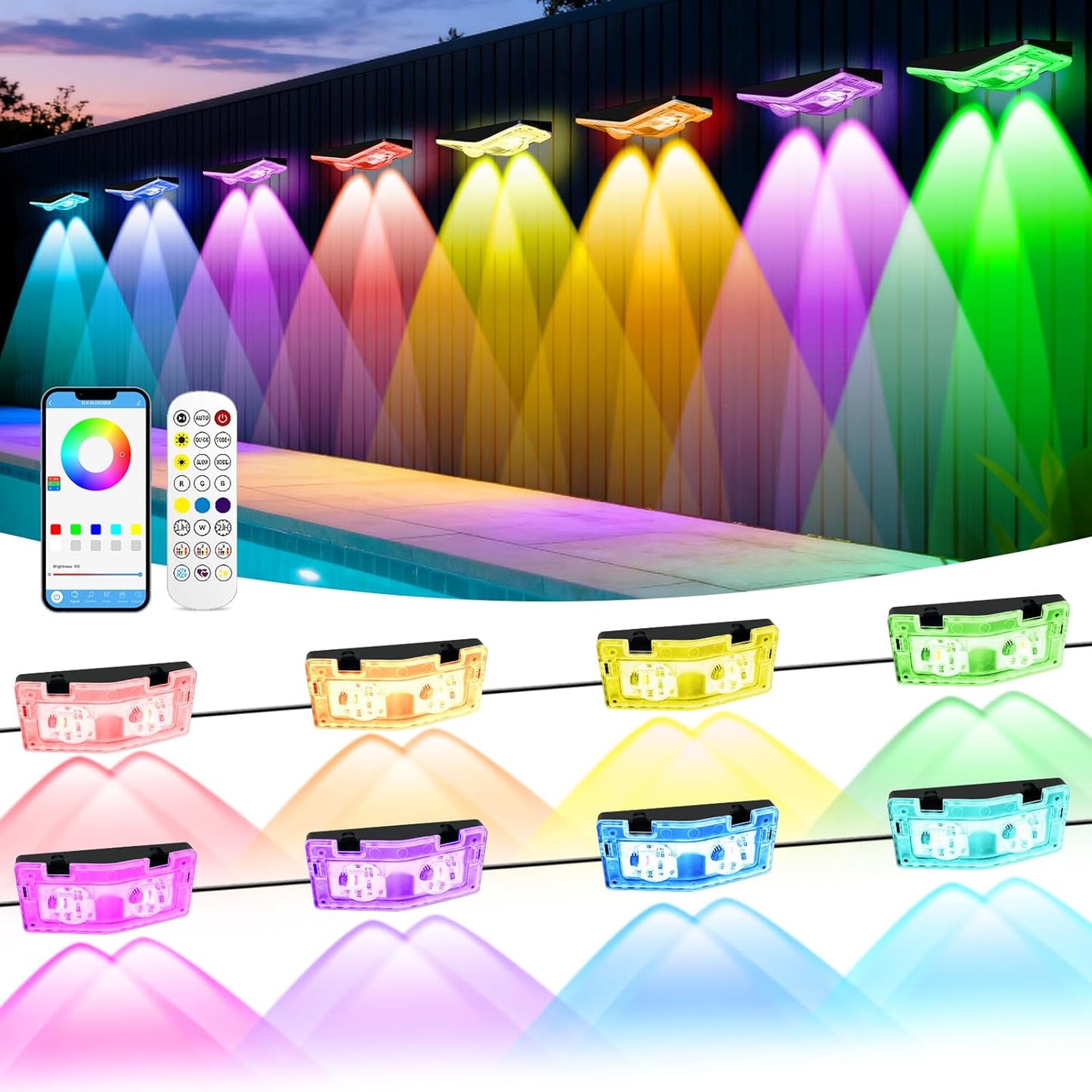 Luces valla exterior LED RGBIC 50pies app control remoto IP67