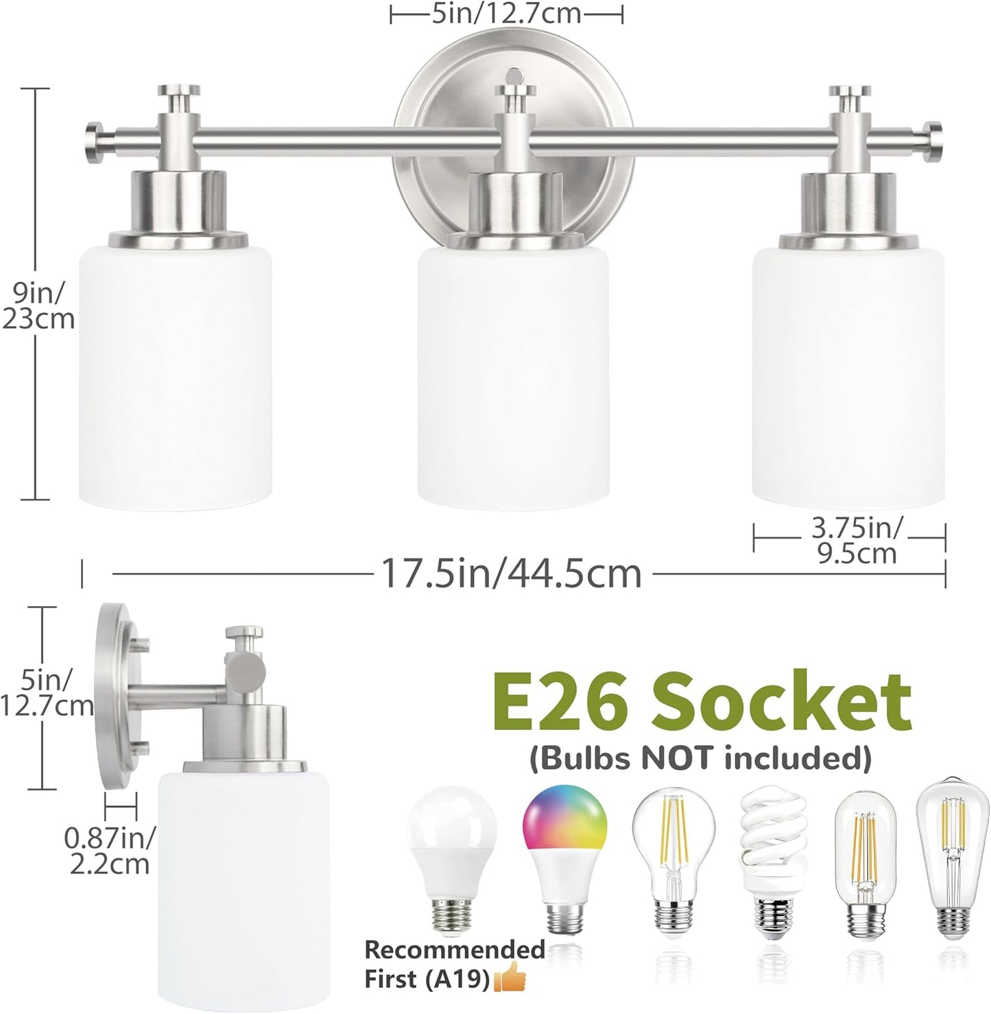 Lámpara baño 3 luces níquel cepillado vidrio blanco