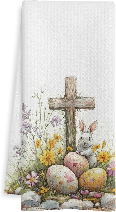 Toallas de cocina religiosas con cruz de Pascua y diseño de huevo floral