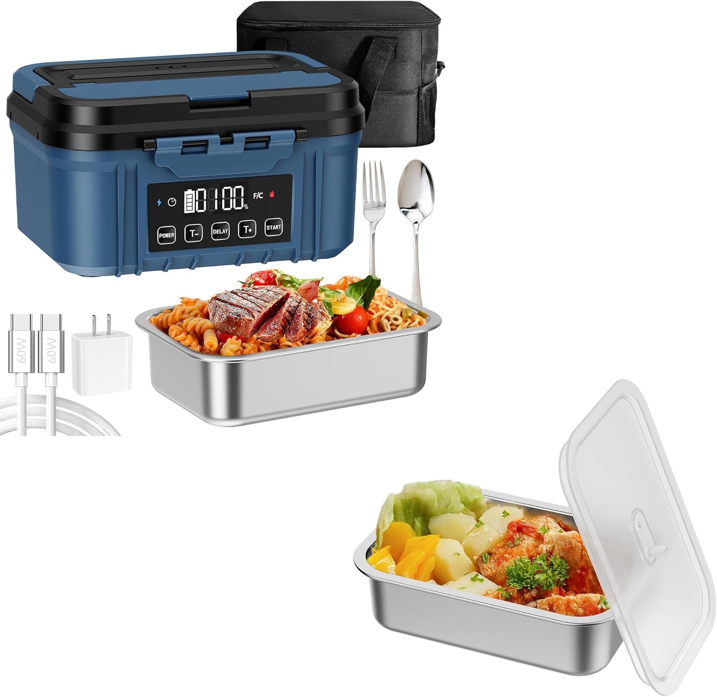 Fiambrera eléctrica inalámbrica acero inox 1.2L con temporizador