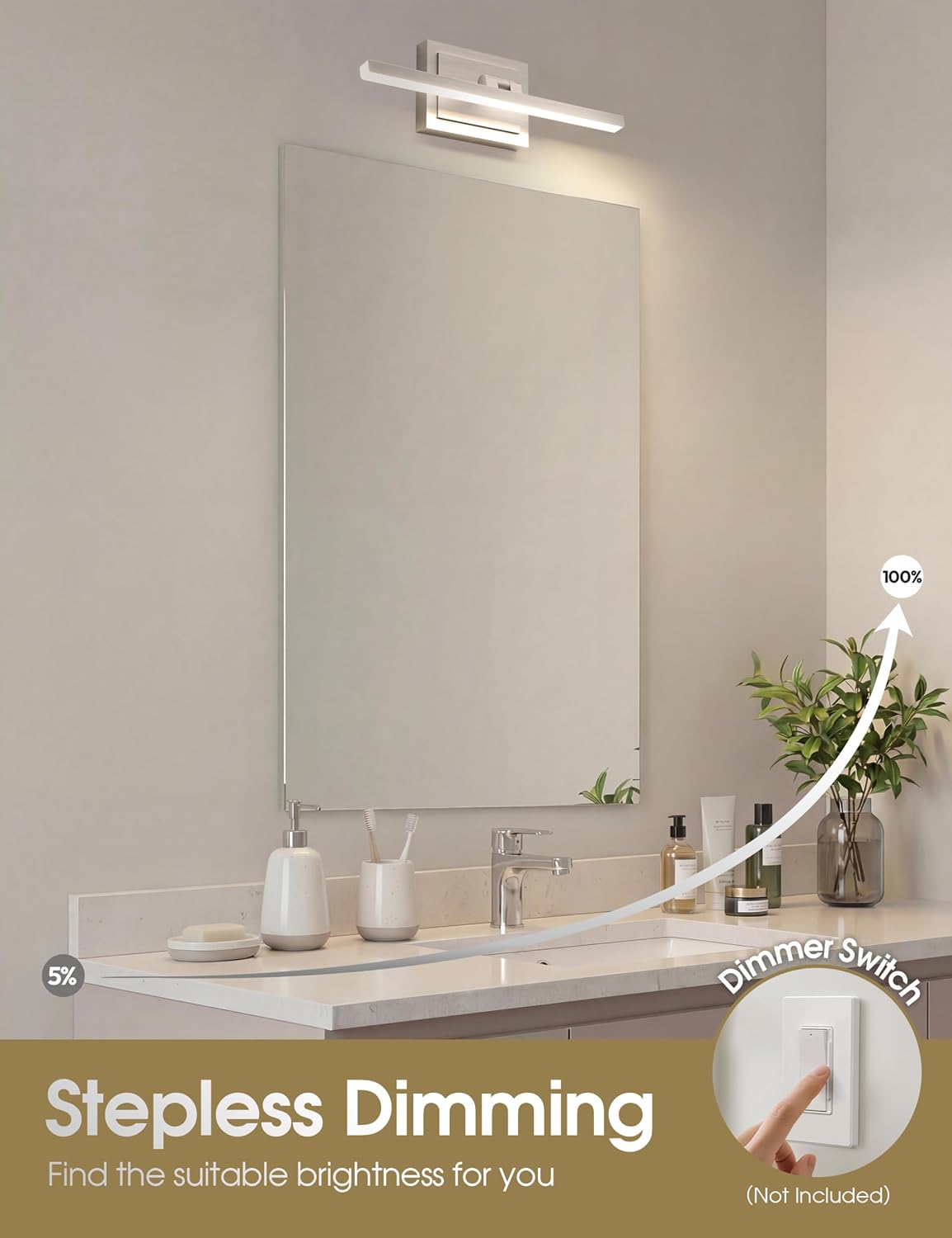 Lámpara baño LED giratoria 15.7pulg barra níquel cepillado