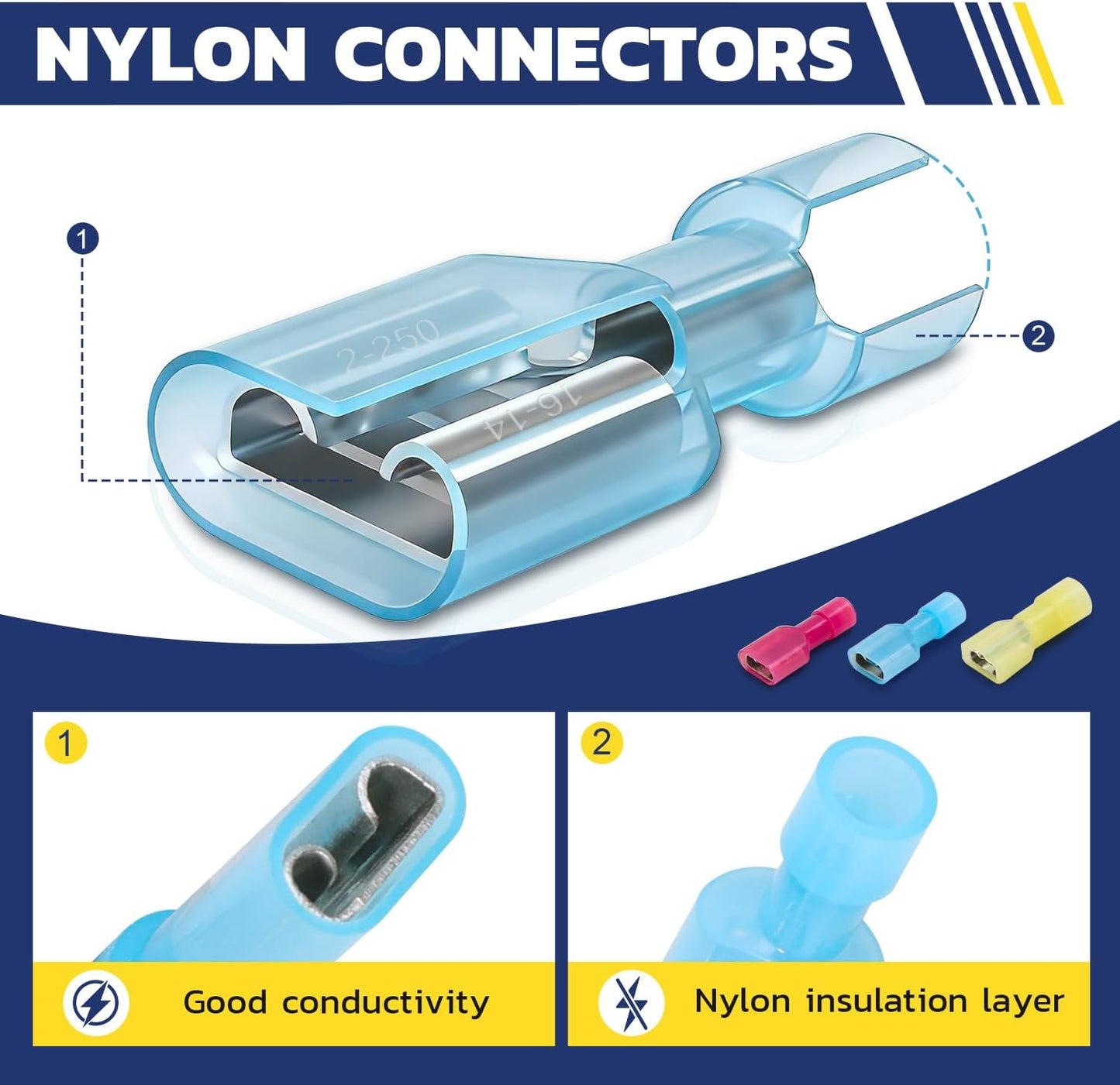 Kit 120 Pzas Conectores Pala Nylon 22-10 AWG Macho Hembra