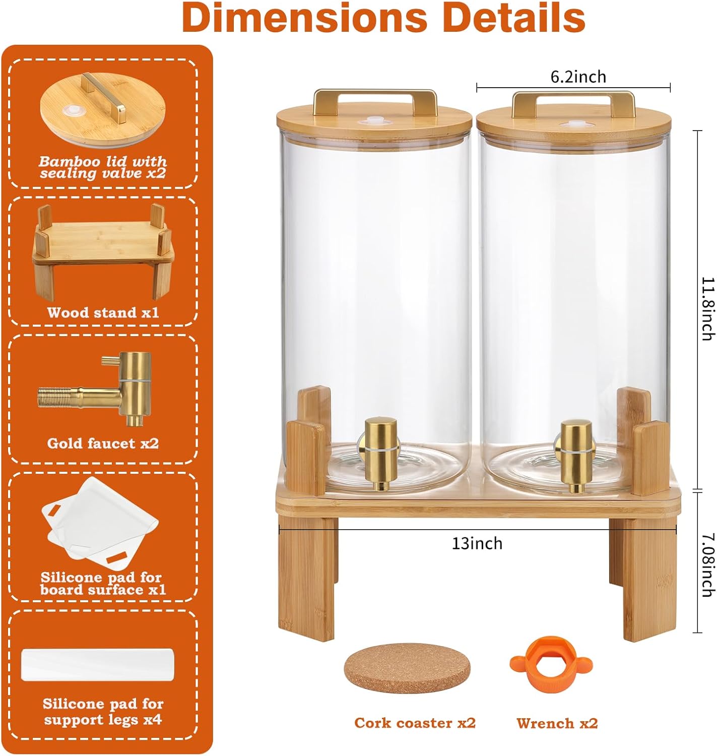Dispensador de bebidas de vidrio 1.5 galones con soporte de madera