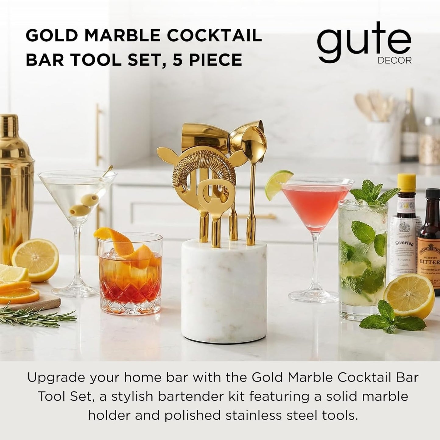 Kit 5 Pzas Barman Oro Mármol Soporte Acero Inox