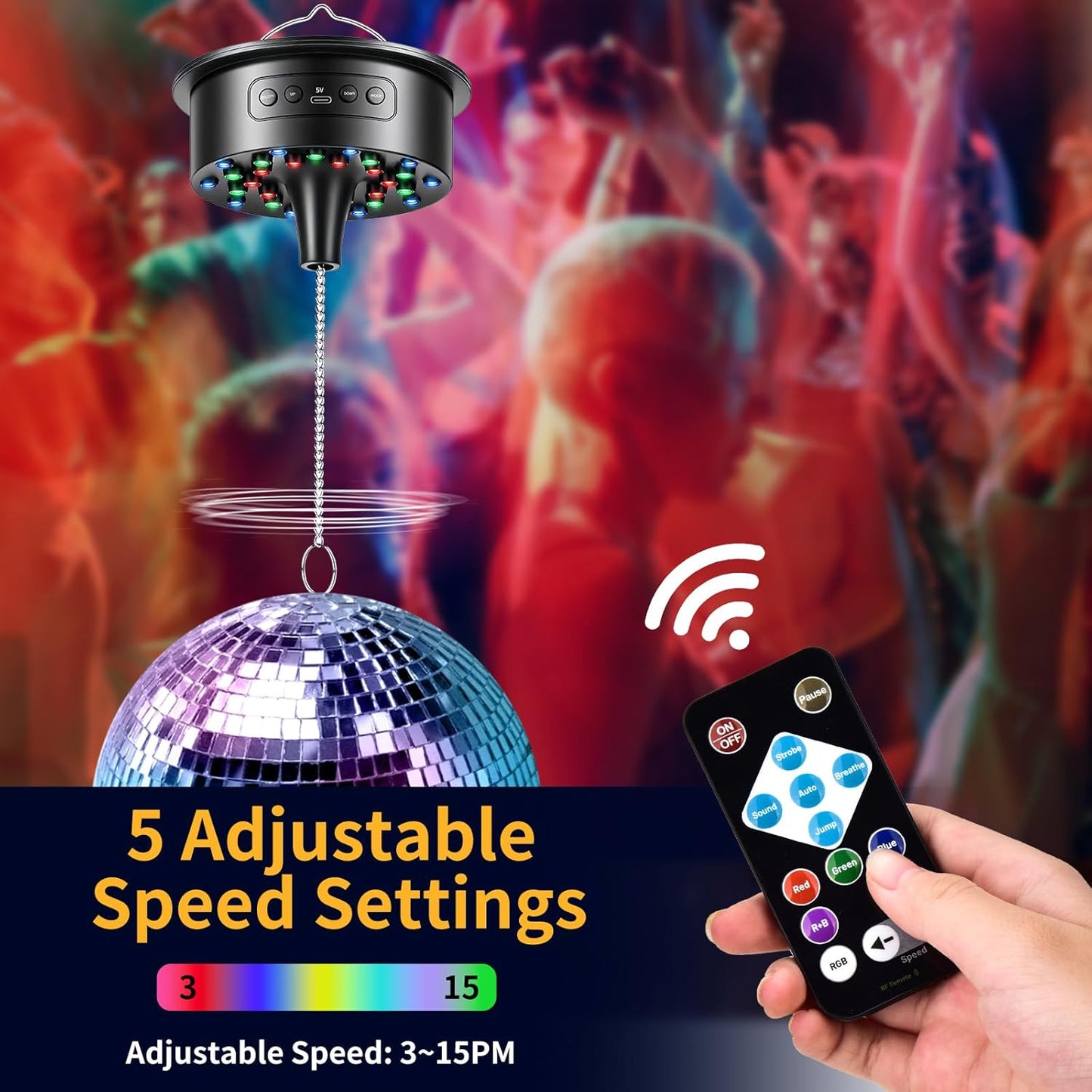 Motor bola discoteca con luces RGB 30 LED y soporte 4-16pulg